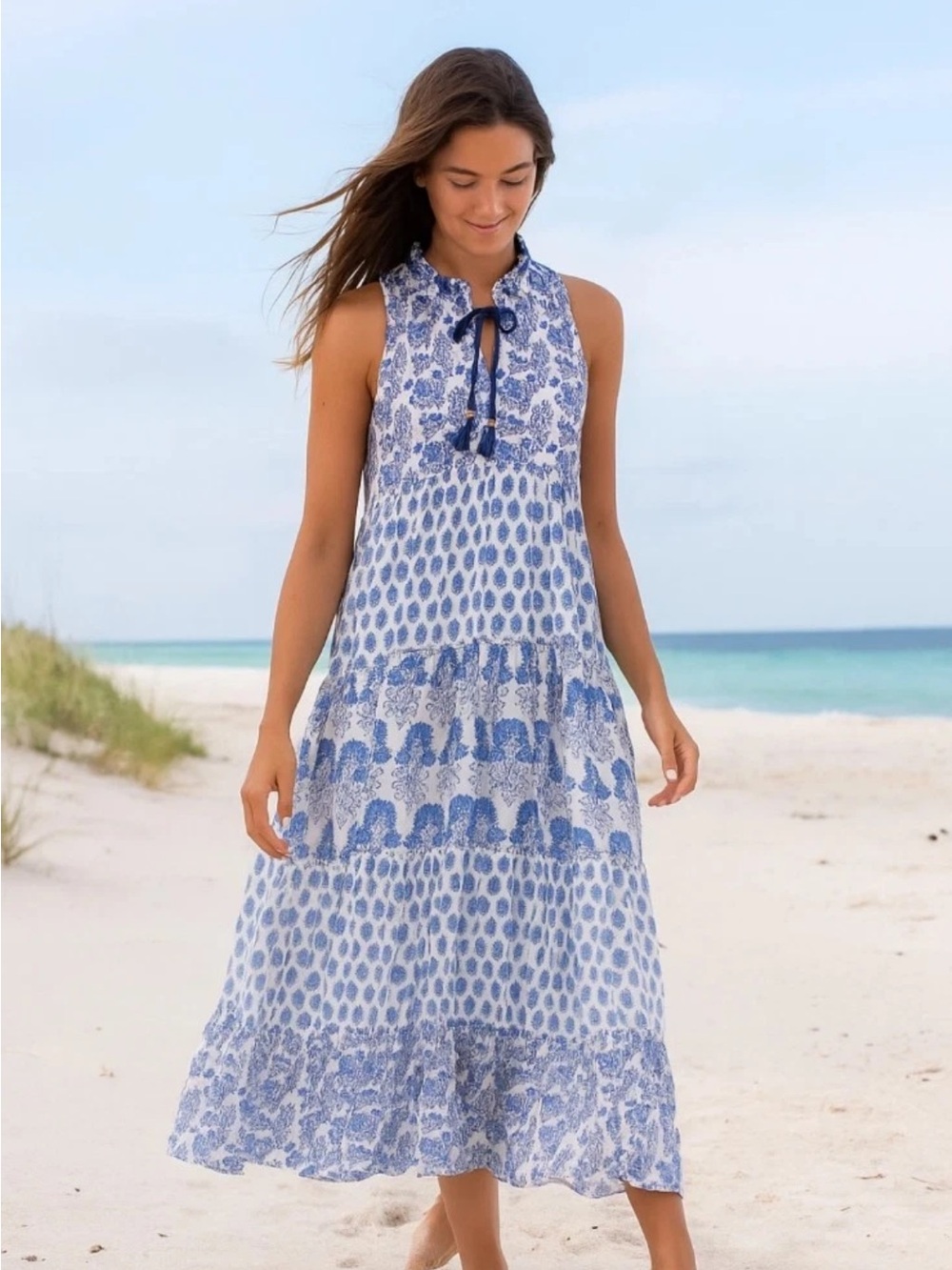 Calypso St. Barth Blue and White Sleeveless Maxi Dress